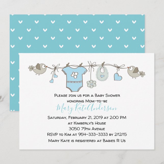 Cute Blue Clothes Line It's a Boy BABY SHOWER Invitation (Front/Back)