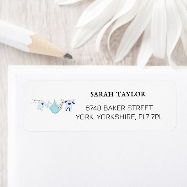 Cute Blue Clothesline Baby Shower Return Address  Label (Insitu)