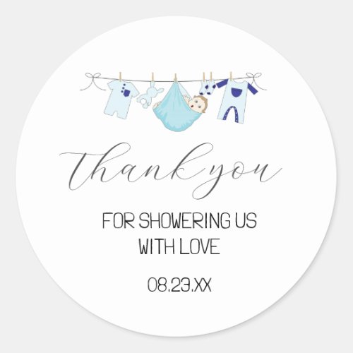 Cute Blue Clothesline Baby Shower Thank You Favor  Classic Round Sticker