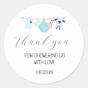 Cute Blue Clothesline Baby Shower Thank You Favor Classic Round Sticker