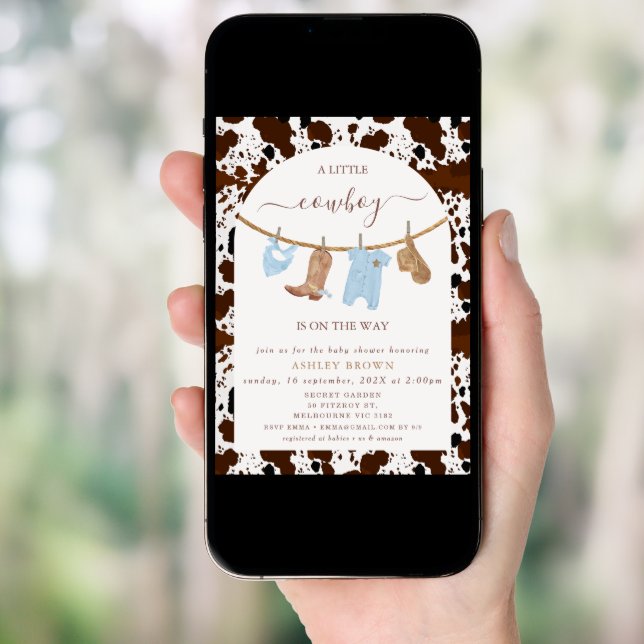 Cute Blue Clothesline Cow Print Cowboy Baby Shower Invitation (Front Digital)
