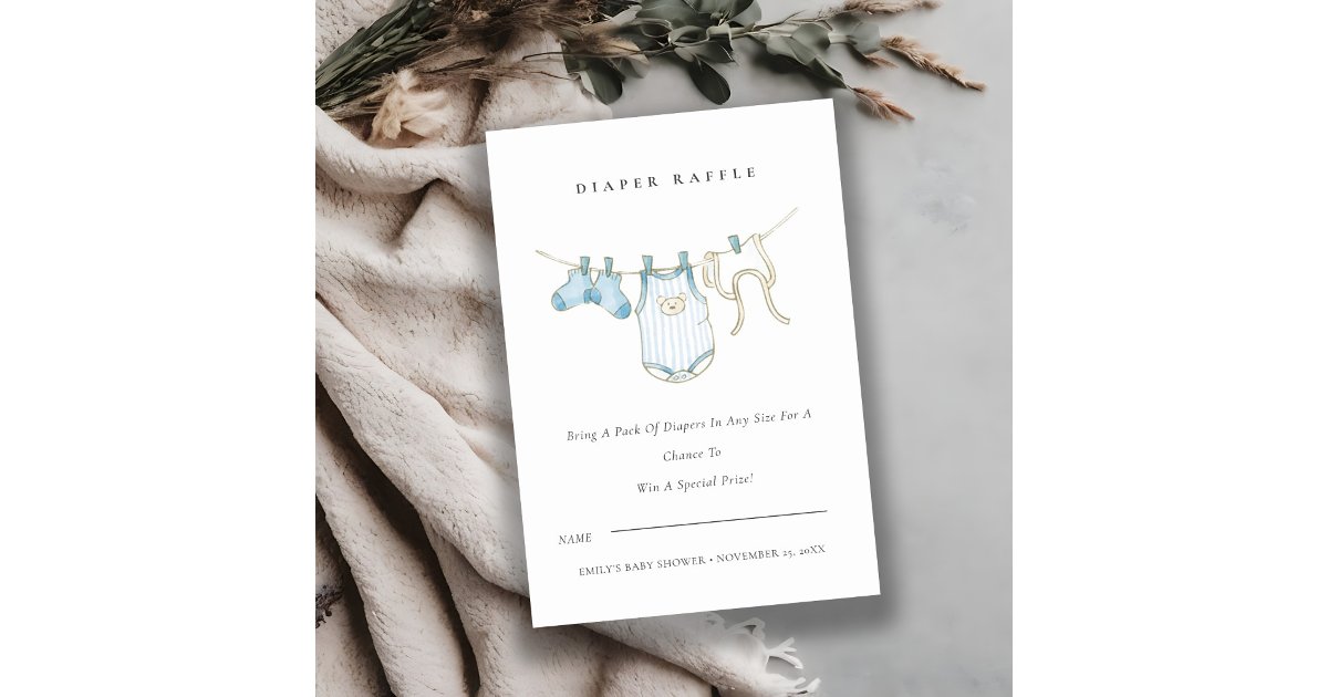 Clothes Line Raffle Cute Blue Clothesline Diaper Raffle Baby Shower Invitation | Zazzle