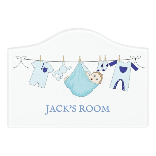 Cute Blue Clothesline illustration Boy Nursery  Door Sign