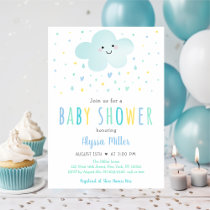 Cute Blue Cloud Hearts Stars Baby Shower Invitation