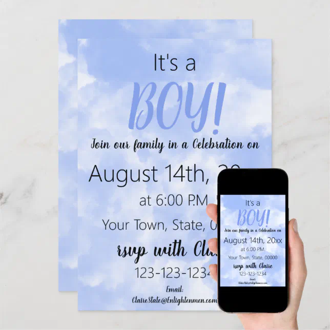 Cute Blue Clouds Baby Boy Shower Invitation | Zazzle