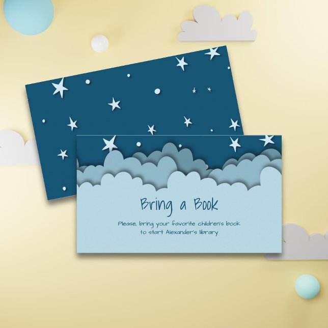 Cute Blue Clouds Stars Baby Shower Bring a Book En Enclosure Card (Creator Uploaded)