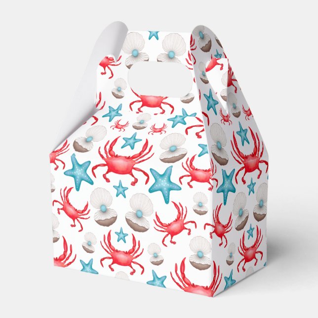Cute Blue Coastal Seaside Crab & Shell Pattern Favor Boxes (Front Side)