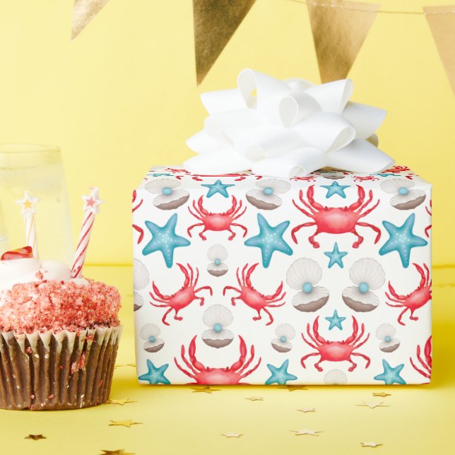 Cute Blue Coastal Seaside Crab & Shell Pattern Wrapping Paper (Birthday Party)