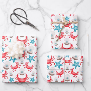 Cute Blue Coastal Seaside Crab & Shell Pattern Wrapping Paper Sheets