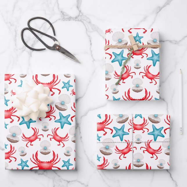 Cute Blue Coastal Seaside Crab & Shell Pattern Wrapping Paper Sheets (Front)