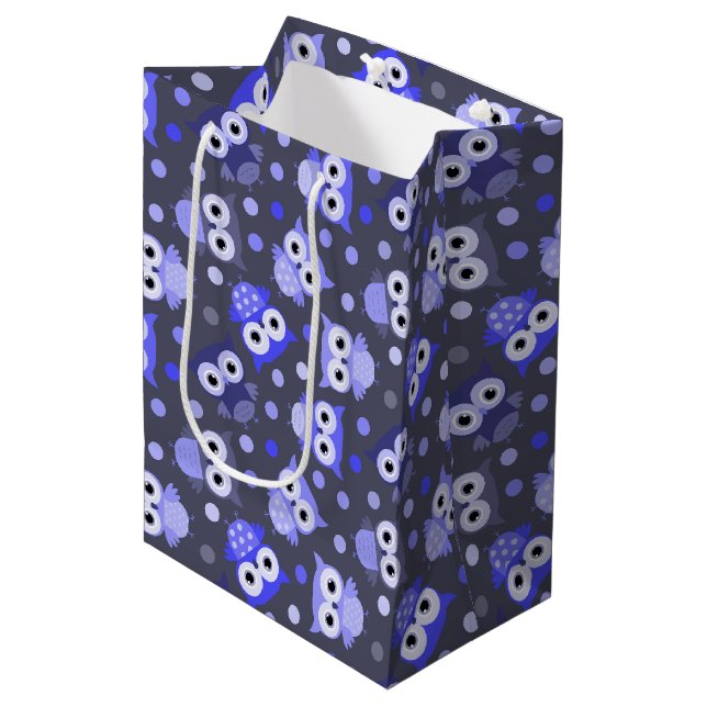 Cute blue colorful owl pattern medium gift bag (Front Angled)