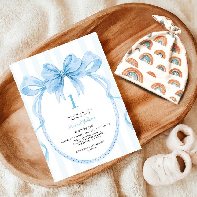 Cute blue Coquette 1st Birthday Party Invitation (Creator Uploaded)