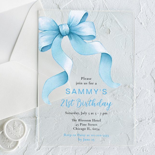 Cute Blue Coquette Bow Birthday Party Acrylic Invitations (Creator Uploaded)