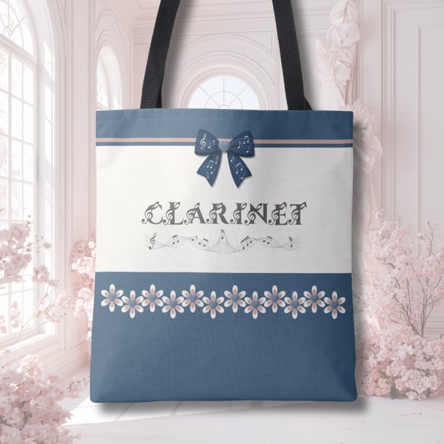 Cute Blue Coquette Bow Clarinet Band Tote Bag (Cute teen girl blue coquette bow clarinet tote bag for school rehearsals and concerts)