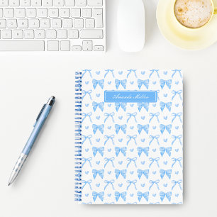 Cute Blue Coquette Bows Hearts Personalized Name Notebook