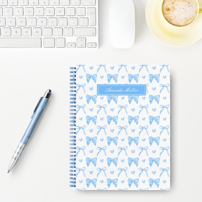 Cute Blue Coquette Bows Hearts Personalized Name Notebook (Creator Uploaded)