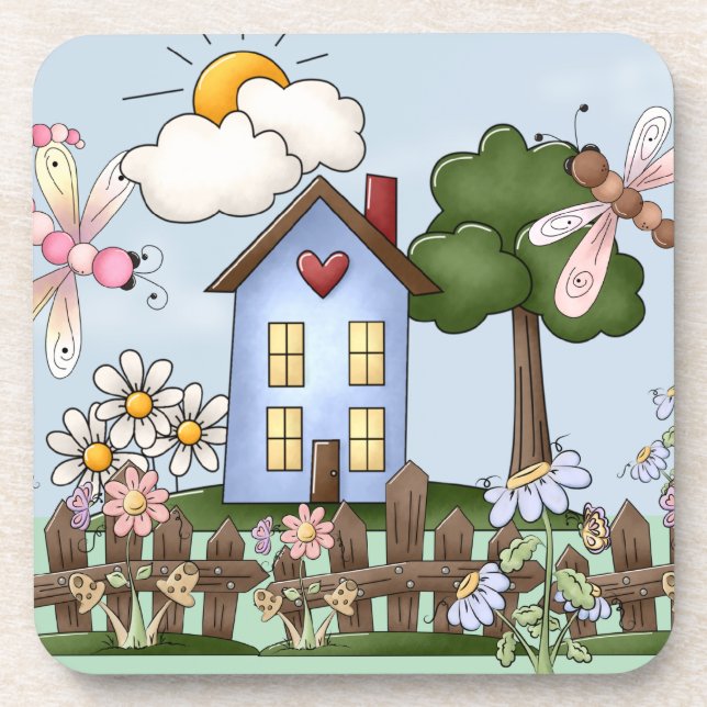 Cute Blue Country House Set of 6 Beverage Coaster (Front)