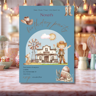 Cute Blue Cowboy Birthday Invitation