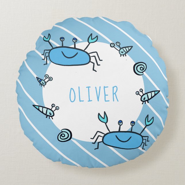 Cute Blue Crab Sea Animal Boy Name  Round Pillow (Front)