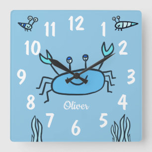 Cute Blue Crab Sea Animal Boy Name Square Wall Clock