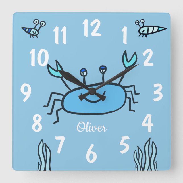 Cute Blue Crab Sea Animal Boy Name Square Wall Clock (Front)