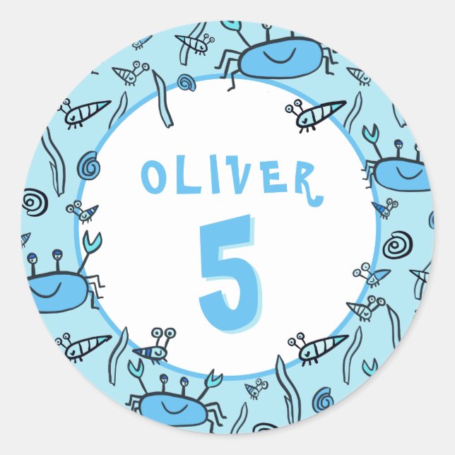 Cute Blue Crab Sea Animals Boy Birthday Classic Round Sticker (Front)
