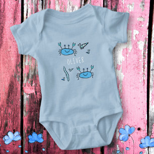 Cute Blue Crab Sea Animals Boy Name Baby Bodysuit