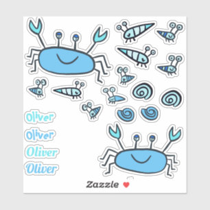 Cute Blue Crab Sea Animals Boy Name Sticker