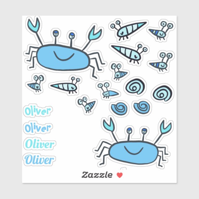Cute Blue Crab Sea Animals Boy Name Sticker (Sheet)