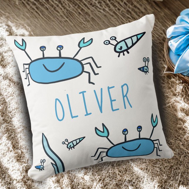 Cute Blue Crab Sea Animals Boy Name Throw Pillow (Creator Uploaded)