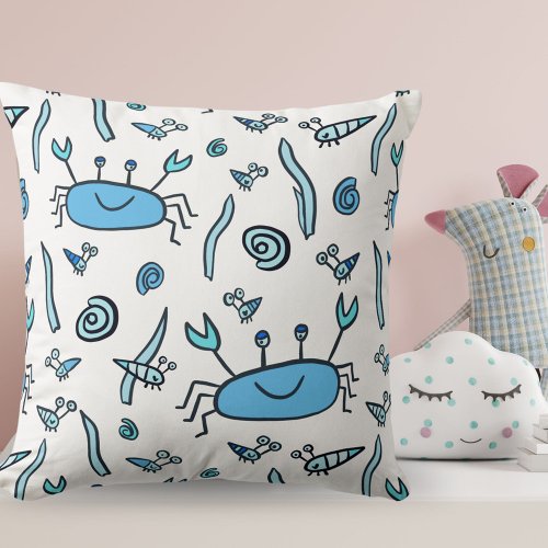 Cute Blue Crab Shell Sea Animal Girl Throw Pillow