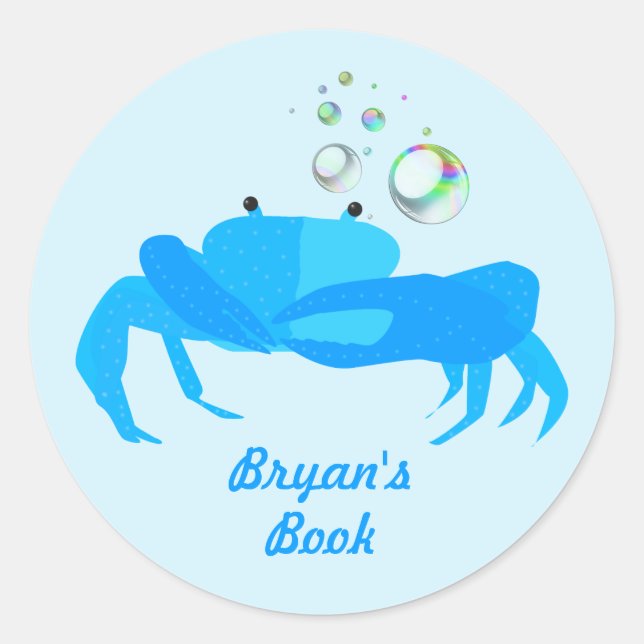 Cute Blue Crab with Bubbles Nautical Book Plate (Front)