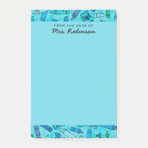 Cute Blue Crayons Teacher From the Desk of 4 x 6 Post_it Notes