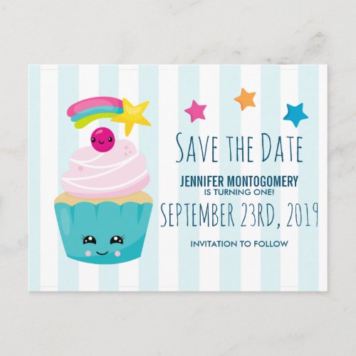 Cute Blue Cupcake Birthday Save the Date Postcard