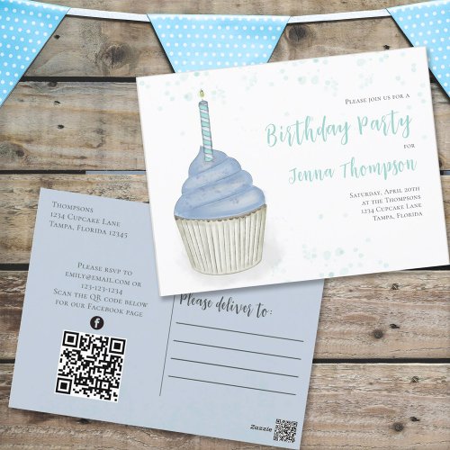 Cute Blue Cupcake QR Code Social Media Whimsical Postcard