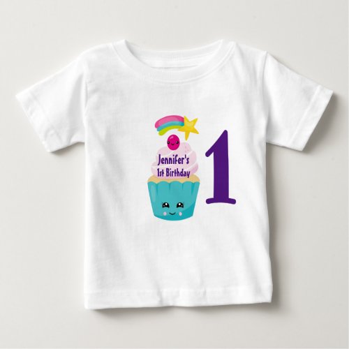Cute Blue Cupcake with Kawaii Face 1st Birthday Baby T_Shirt