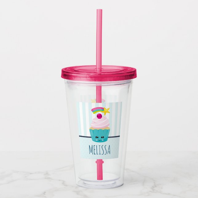 Cute Blue Cupcake with Kawaii Face Acrylic Tumbler (Front)