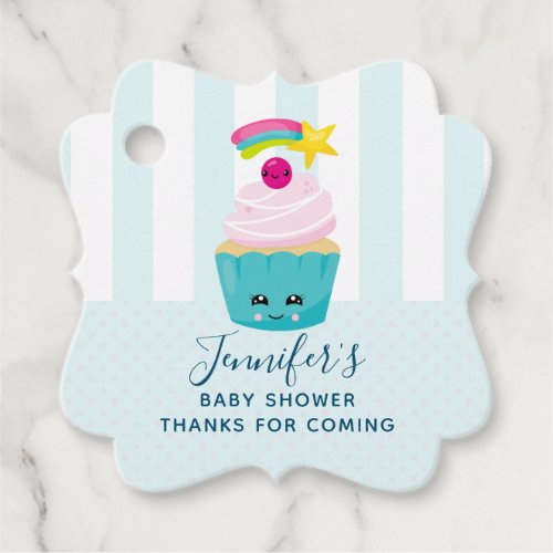 Cute Blue Cupcake with Kawaii Face Baby Shower Favor Tags