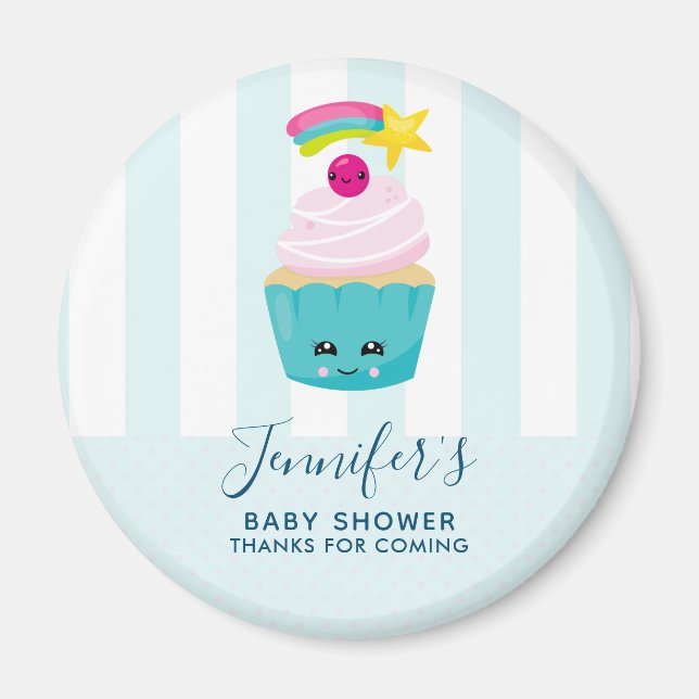 Cute Blue Cupcake with Kawaii Face Baby Shower Magnet (Front)