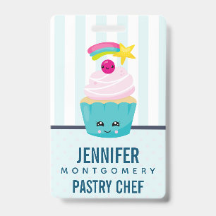 Cute Blue Cupcake with Kawaii Face Badge