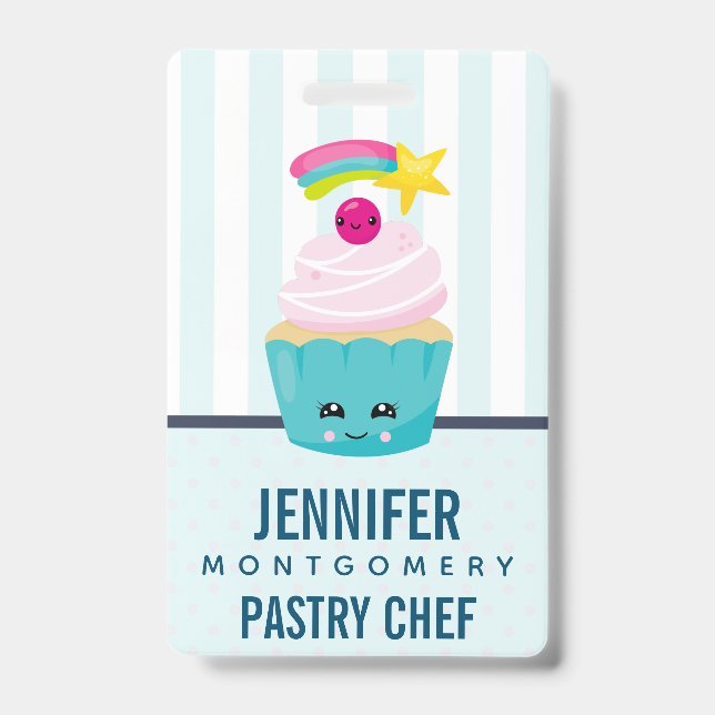 Cute Blue Cupcake with Kawaii Face Badge (Front)