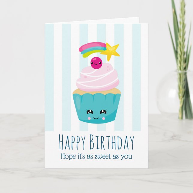 Cute Blue Cupcake with Kawaii Face Birthday Card (Front)