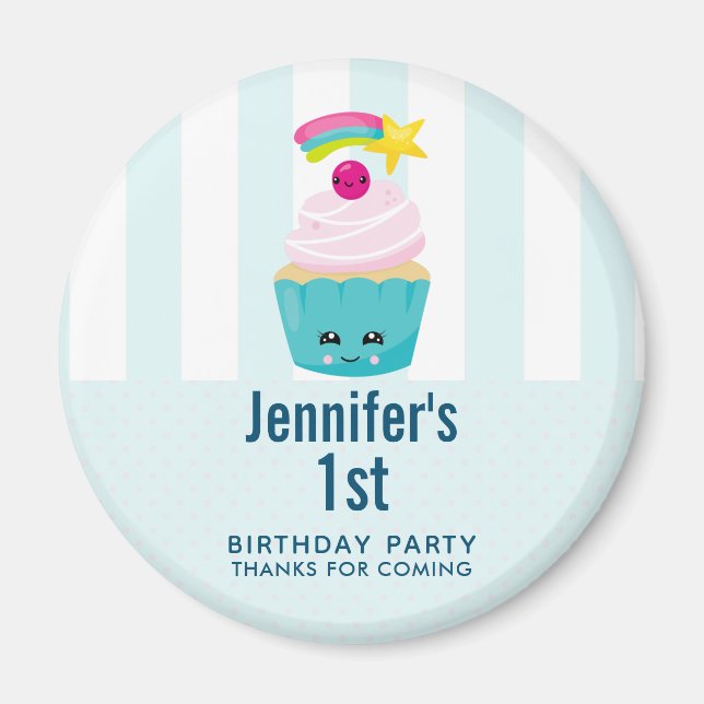 Cute Blue Cupcake with Kawaii Face Birthday Favor Magnet (Front)