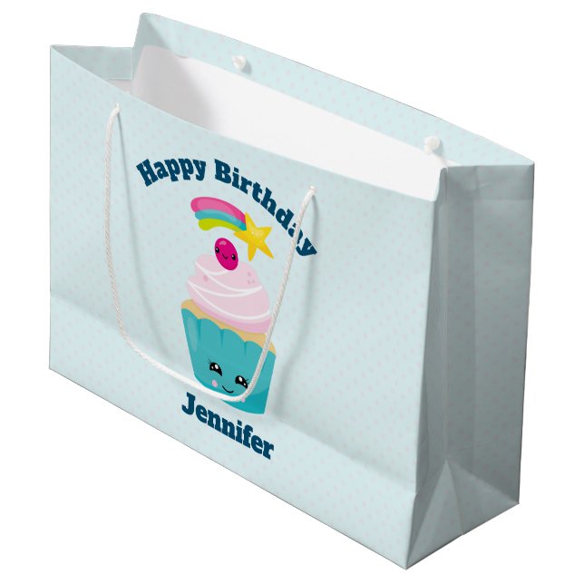 Cute Blue Cupcake with Kawaii Face Birthday Large Gift Bag (Front Angled)