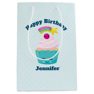 Cute Blue Cupcake with Kawaii Face Birthday Medium Gift Bag