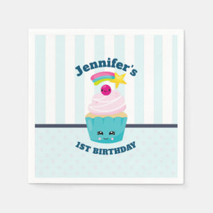 Cute Blue Cupcake with Kawaii Face Birthday Napkins
