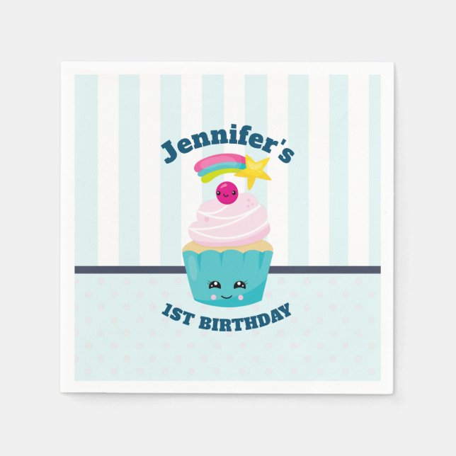 Cute Blue Cupcake with Kawaii Face Birthday Napkins (Front)