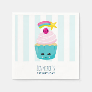 Cute Blue Cupcake with Kawaii Face Birthday Napkins