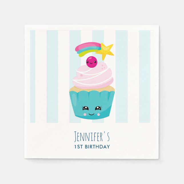 Cute Blue Cupcake with Kawaii Face Birthday Napkins (Front)