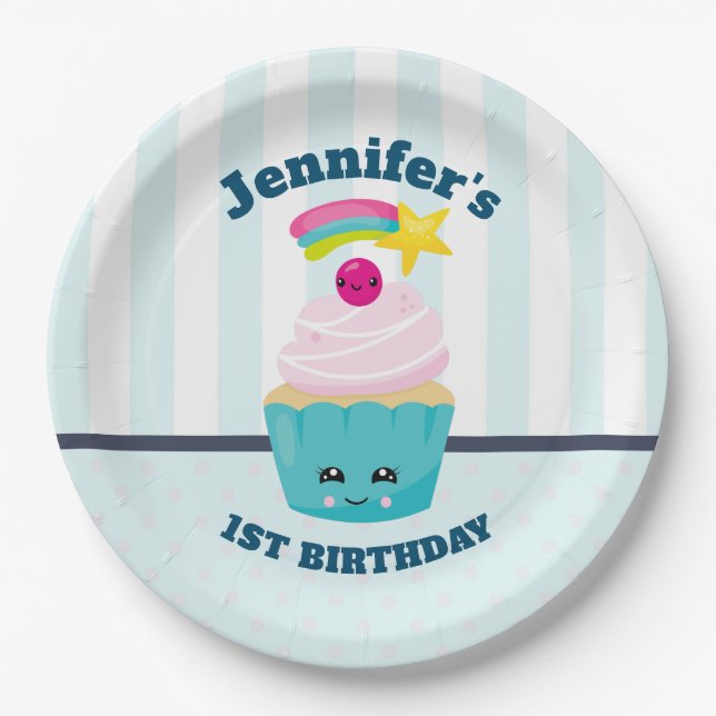 Cute Blue Cupcake with Kawaii Face Birthday Paper Plates (Front)